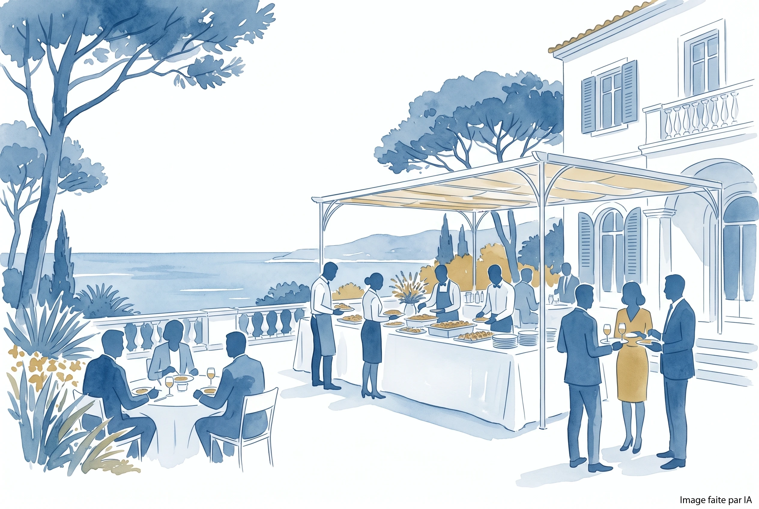 Des participants se détendent autour d’un buffet en plein air lors d’un déjeuner de séminaire face à la mer à Cannes.