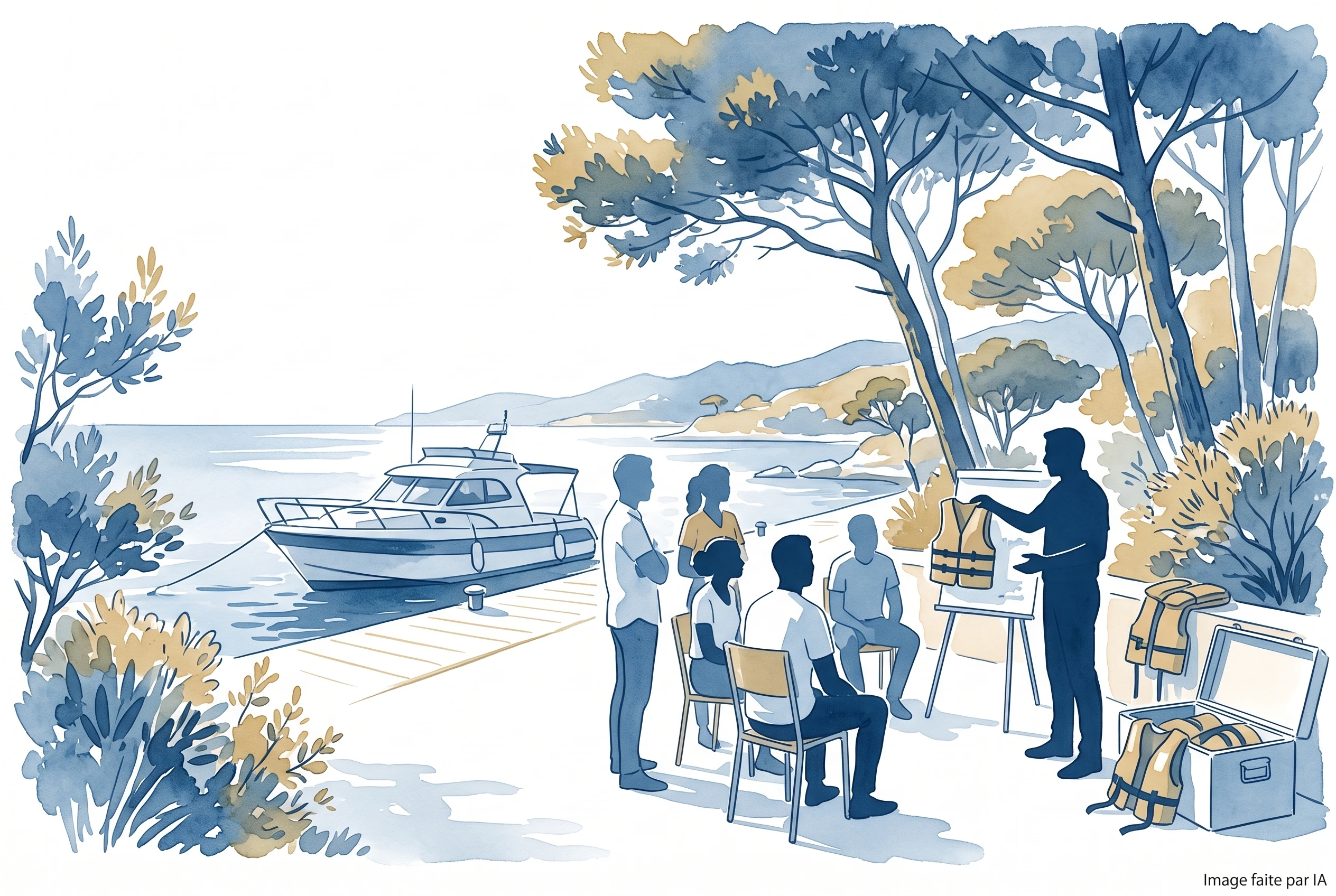 Un animateur briefe un groupe de professionnels sur les consignes de sécurité avant une activité en mer sur la Côte d'Azur.