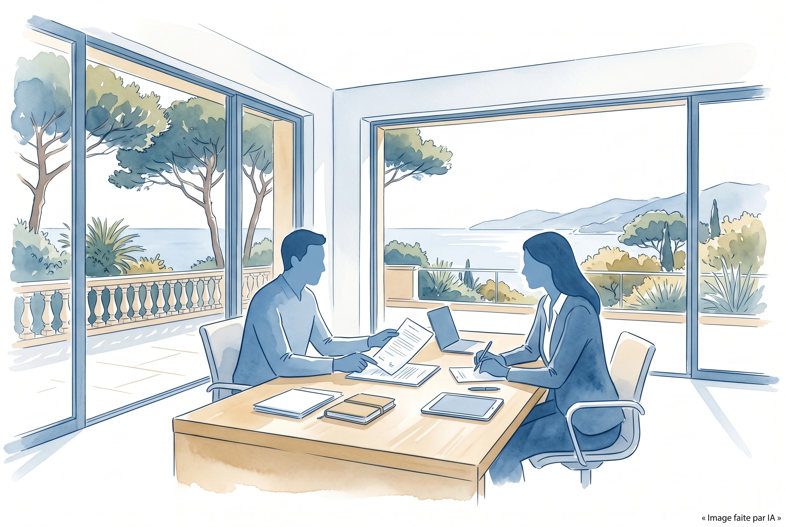 Deux professionnels étudient et signent un document contractuel dans un bureau ouvert sur la mer à Cannes.