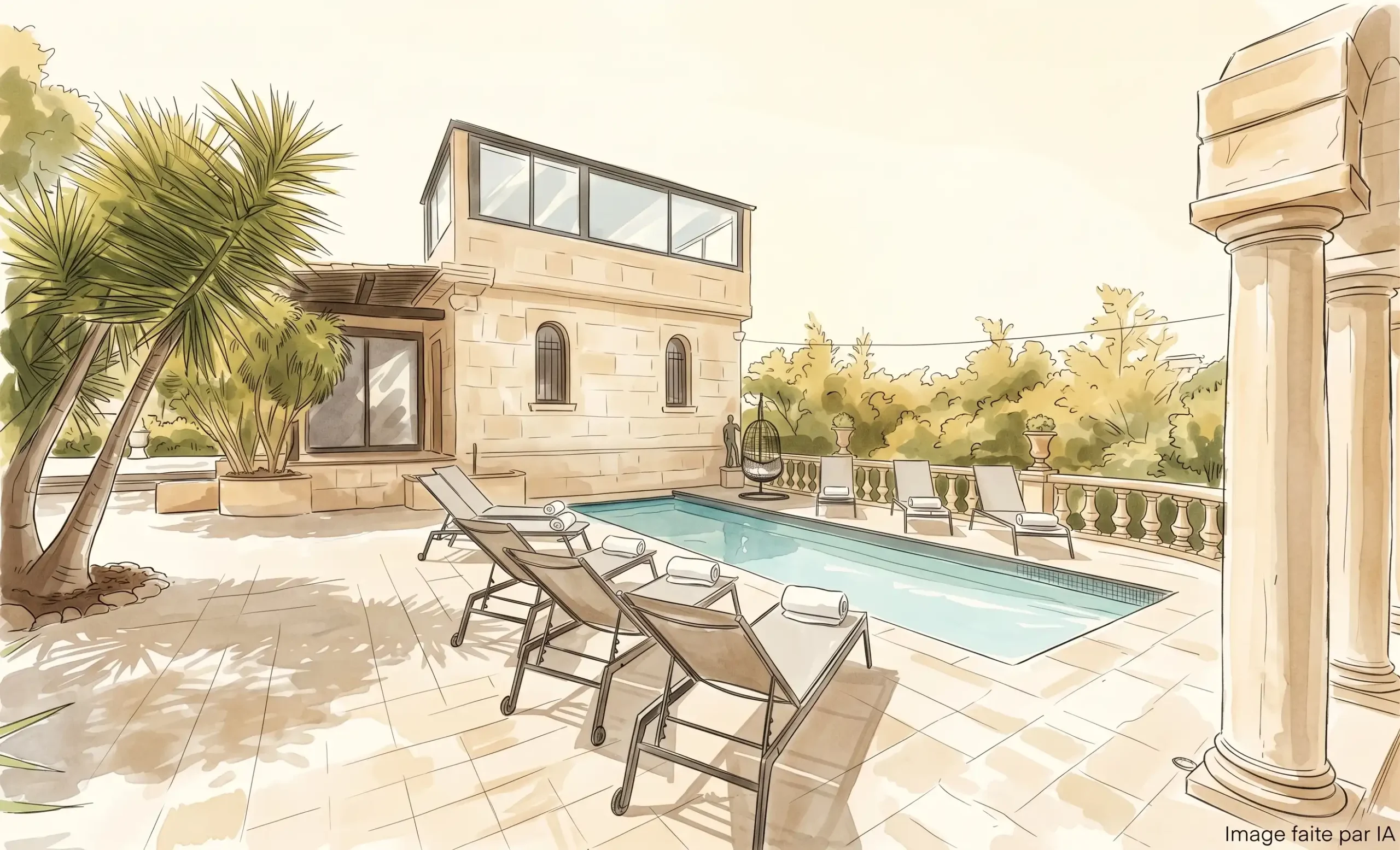la terrasse et de la piscine de la Villa Jaliel à Cannes en style aquarelle.