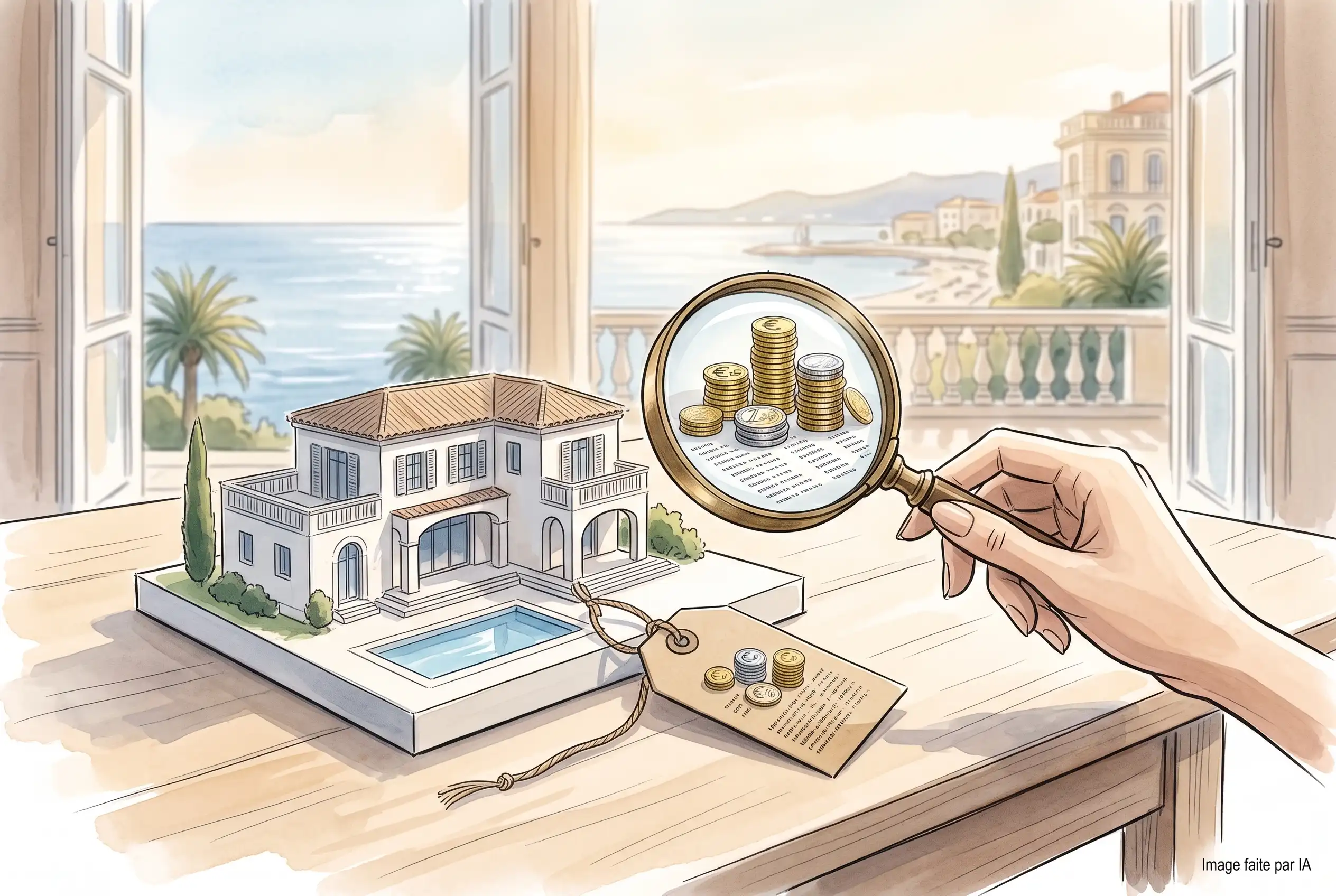 Une maquette de villa avec une main tenant une loupe révélant des pièces empilées.