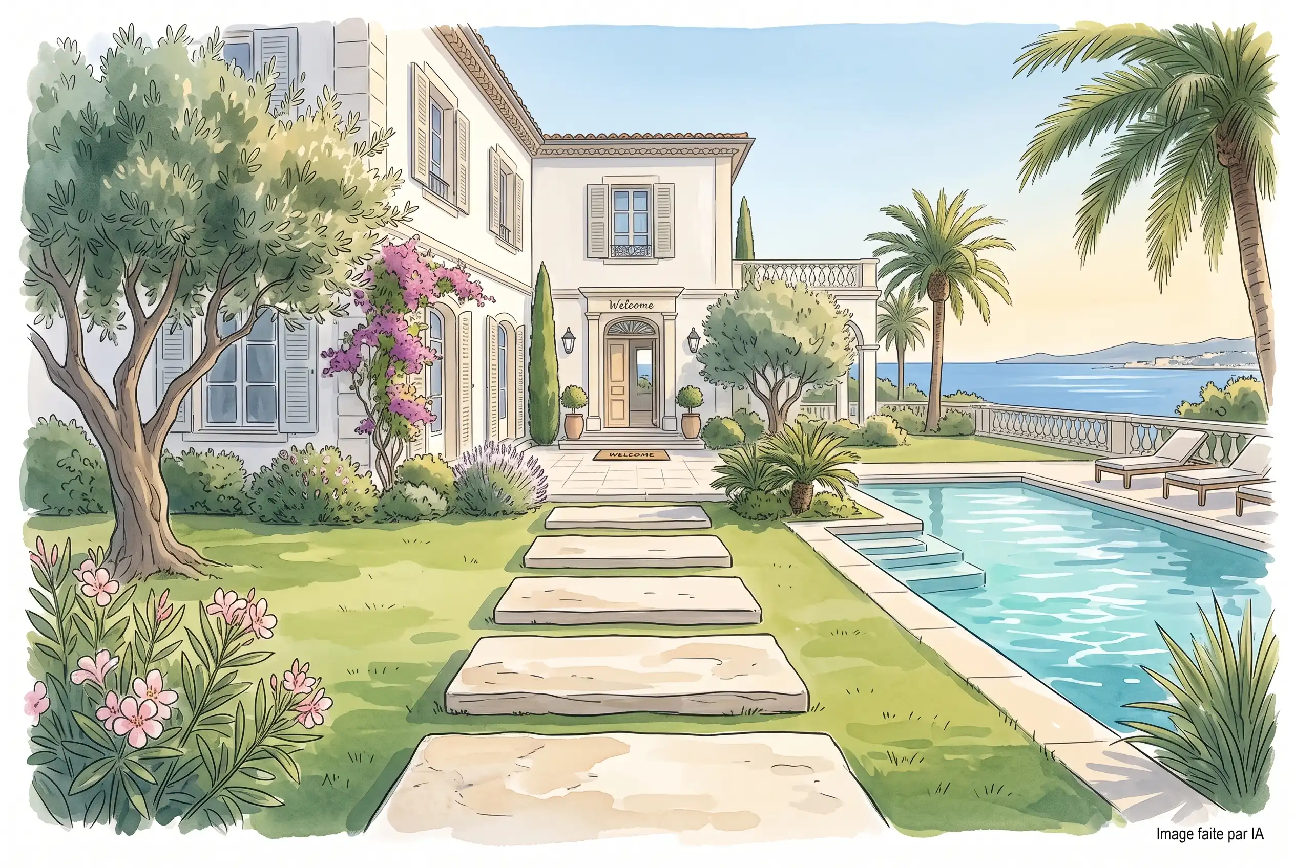 Chemin en pierre menant à une villa de luxe à Cannes, illustrant la méthode de réservation.