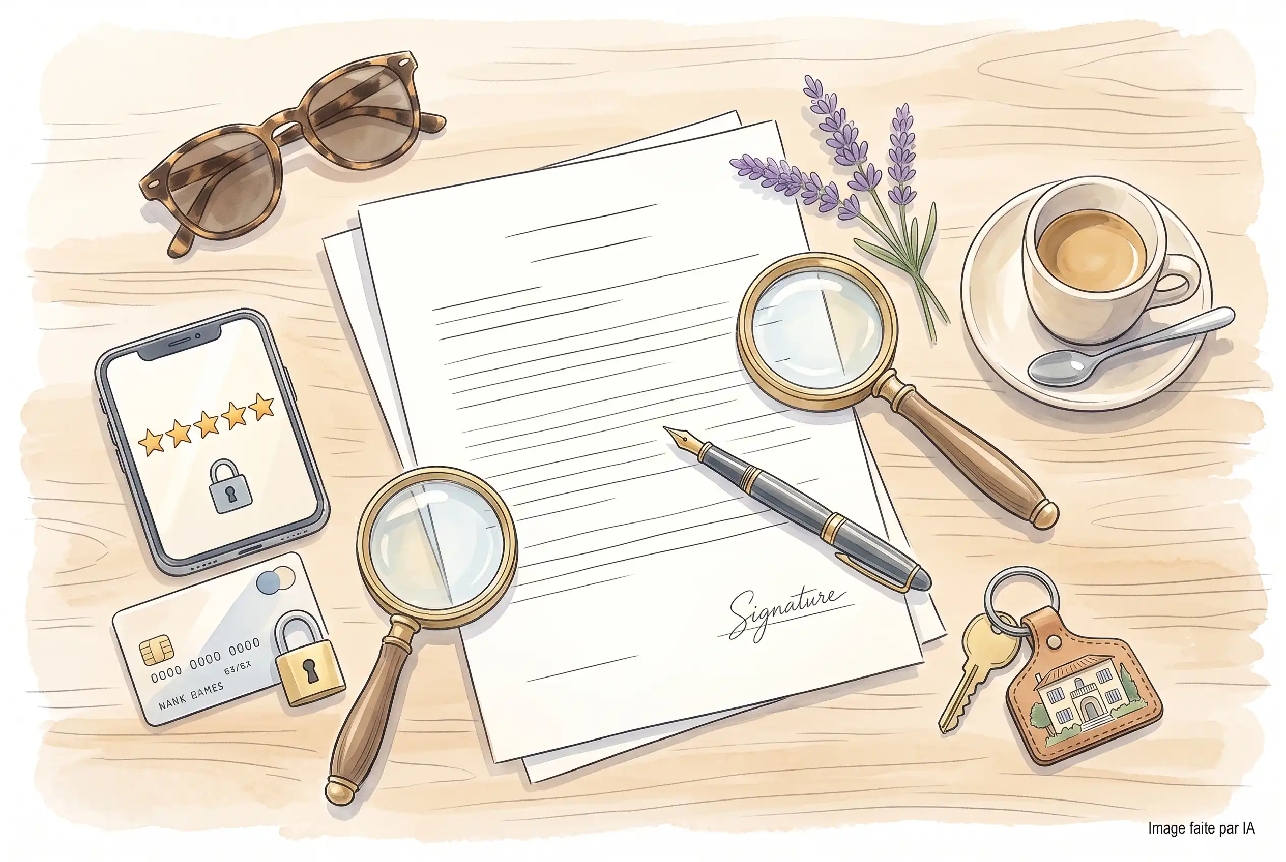 Illustration à plat d'un contrat sécurisé, d'une loupe et de clés pour une réservation directe.